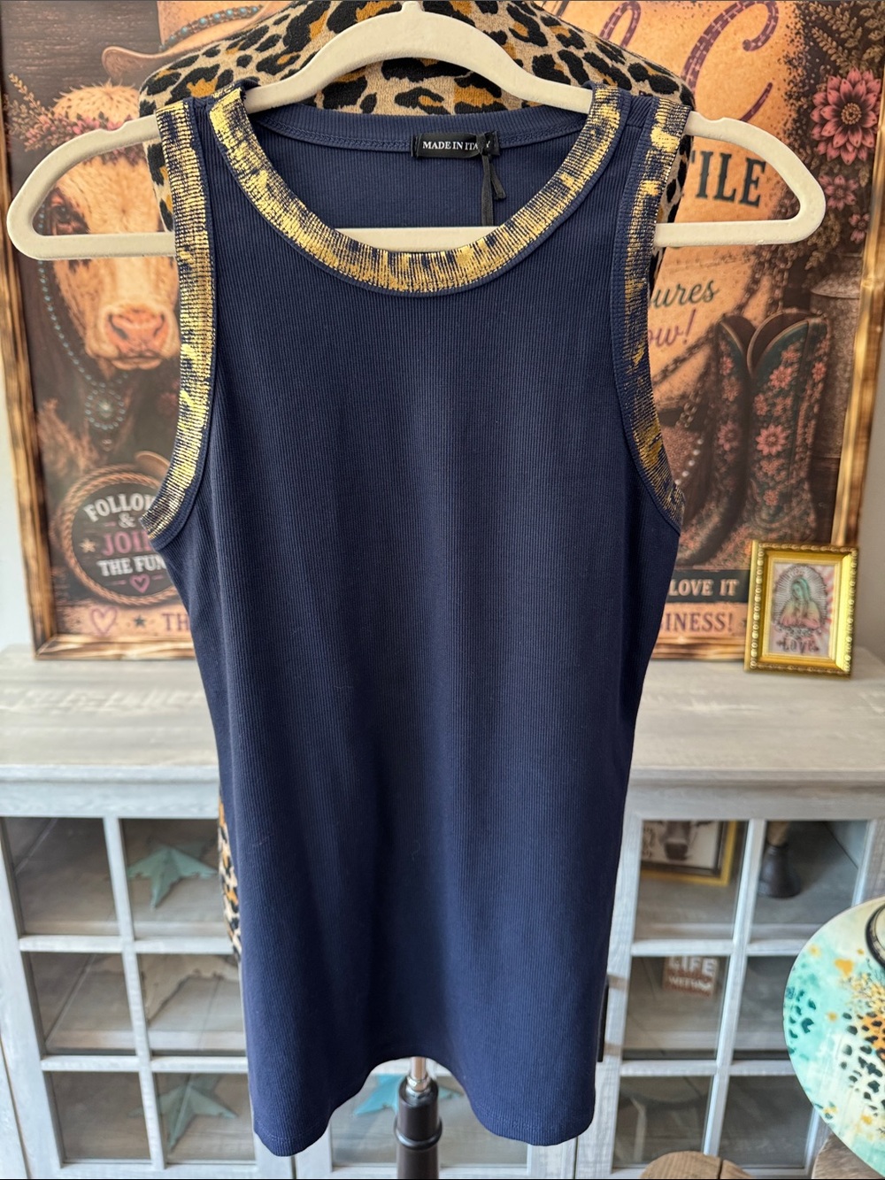 NWT MADE IN ITALY Navy Tank Top with Gold-Trim Accents Sz L/12